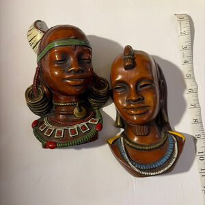 Vintage Hand-Carved Wooden Bust Sculptures – Pair – African Folk Art Style